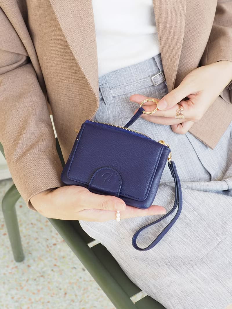 Mary (indigo) : Mini wallet, short wallet, cow leather, Blue , Zip pouch