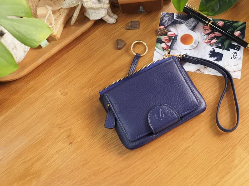 Mary (indigo) : Mini wallet, short wallet, cow leather, Blue , Zip pouch