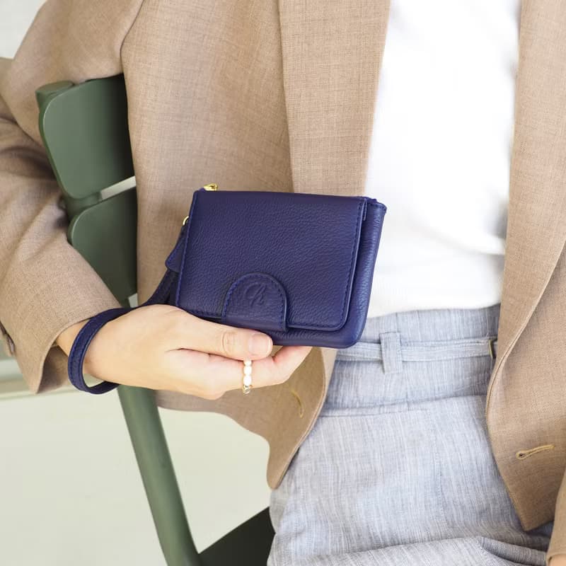 Mary (indigo) : Mini wallet, short wallet, cow leather, Blue , Zip pouch