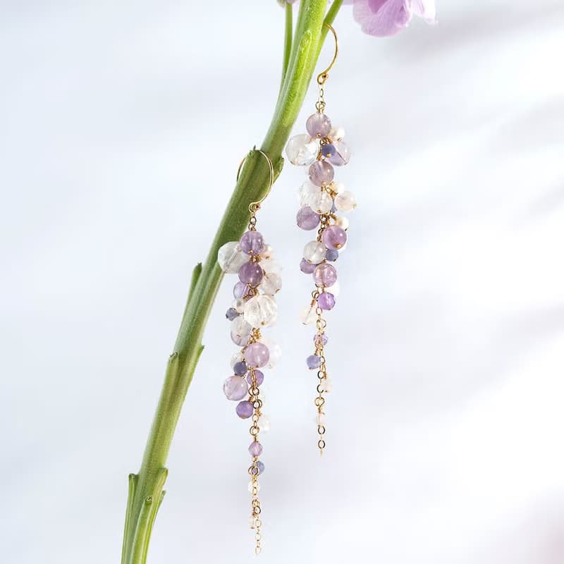 白幽靈紫水晶月光石垂墜式14K包金水晶耳環 禮物