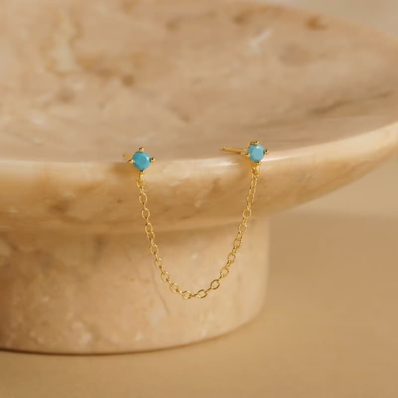 s925銀歐綠松石耳釘 雙耳洞耳釘 女生鏈條耳釘 禮物推薦