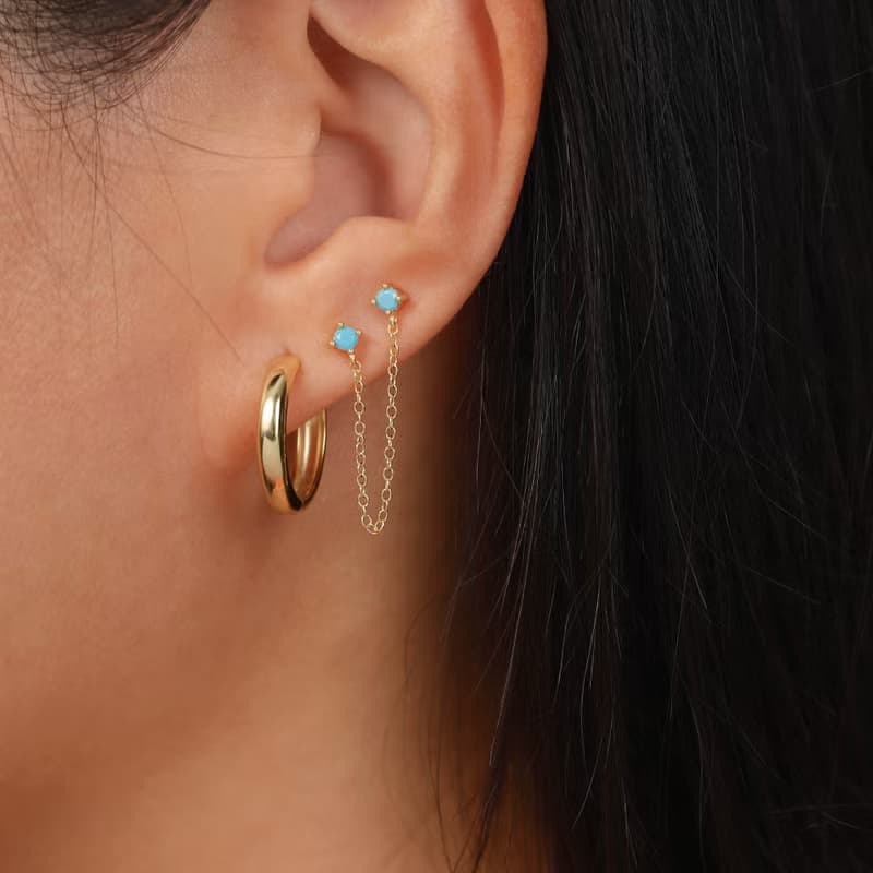 s925銀歐綠松石耳釘 雙耳洞耳釘 女生鏈條耳釘 禮物推薦