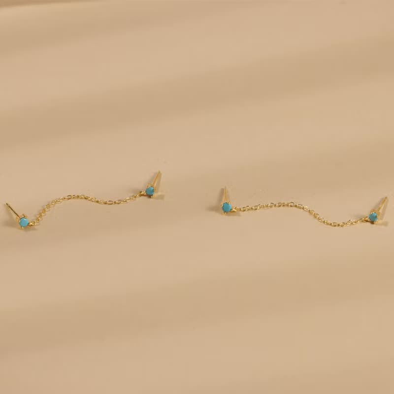 s925銀歐綠松石耳釘 雙耳洞耳釘 女生鏈條耳釘 禮物推薦