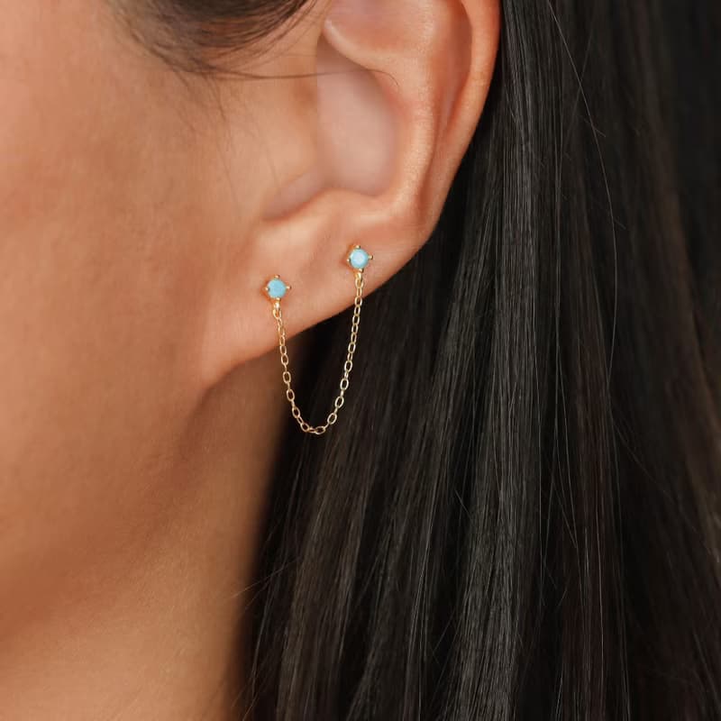 s925銀歐綠松石耳釘 雙耳洞耳釘 女生鏈條耳釘 禮物推薦