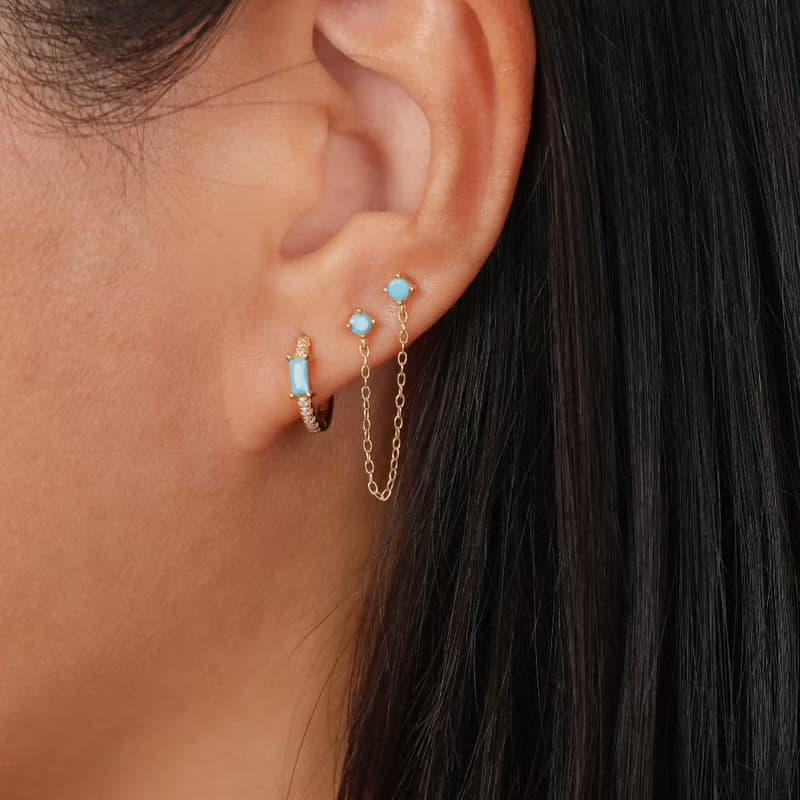 s925銀歐綠松石耳釘 雙耳洞耳釘 女生鏈條耳釘 禮物推薦