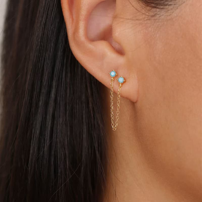 s925銀歐綠松石耳釘 雙耳洞耳釘 女生鏈條耳釘 禮物推薦