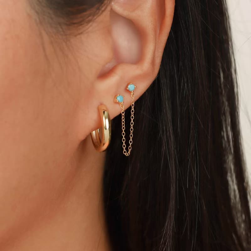 s925銀歐綠松石耳釘 雙耳洞耳釘 女生鏈條耳釘 禮物推薦