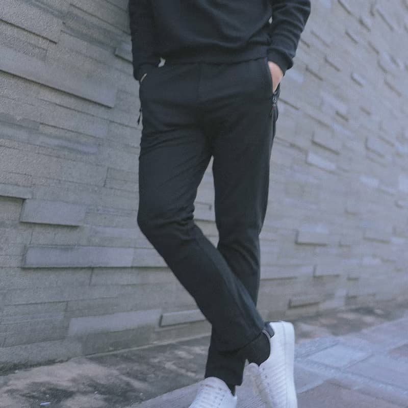 【換季特賣】防水拉鍊純棉素面鬆緊小直筒男長褲│黑色