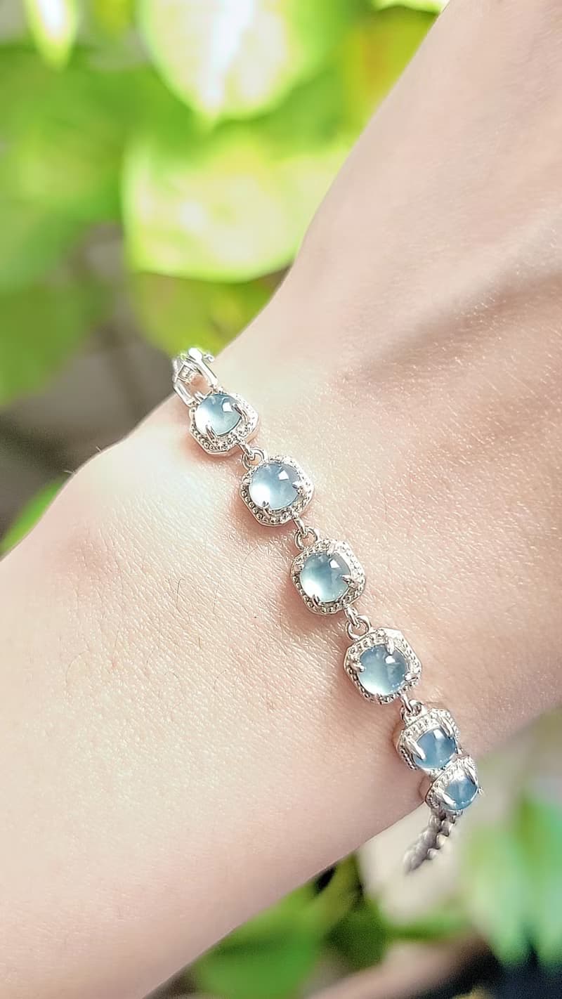 |招財光明燈|A貨翡翠冰玻藍杠蛋面5mm純銀鍍18k6顆手鏈