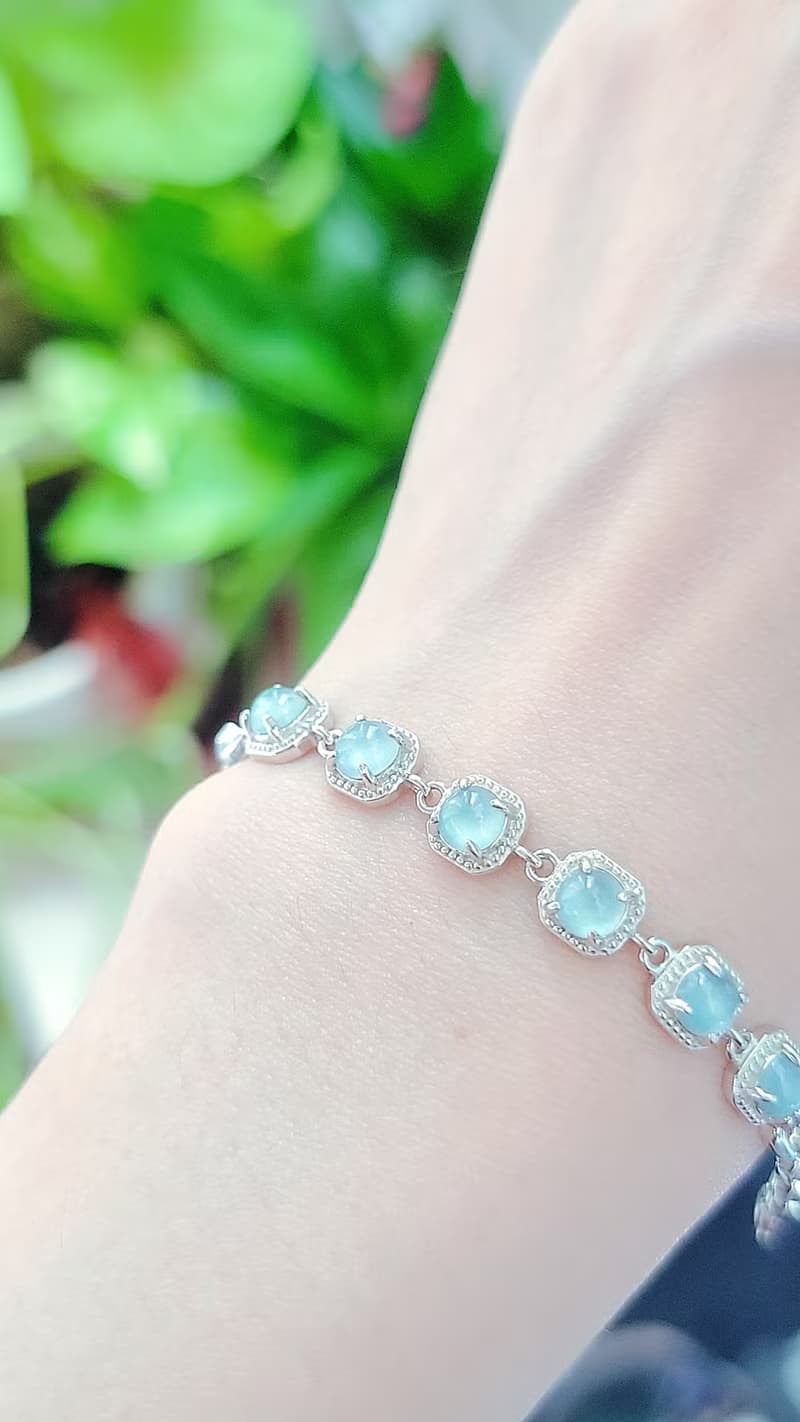 |招財光明燈|A貨翡翠冰玻藍杠蛋面5mm純銀鍍18k6顆手鏈