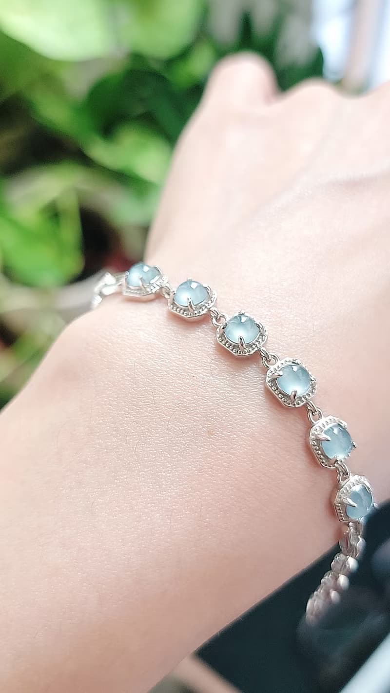 |招財光明燈|A貨翡翠冰玻藍杠蛋面5mm純銀鍍18k6顆手鏈