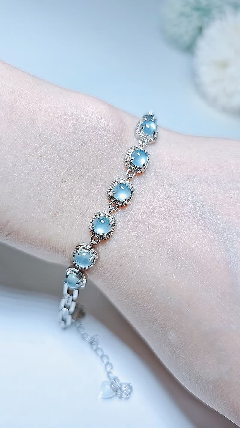 |招財光明燈|A貨翡翠冰玻藍杠蛋面5mm純銀鍍18k6顆手鏈