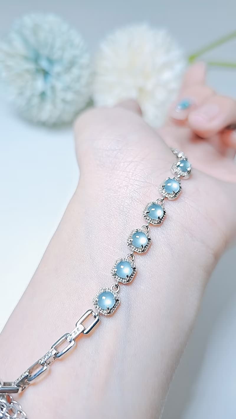 |招財光明燈|A貨翡翠冰玻藍杠蛋面5mm純銀鍍18k6顆手鏈
