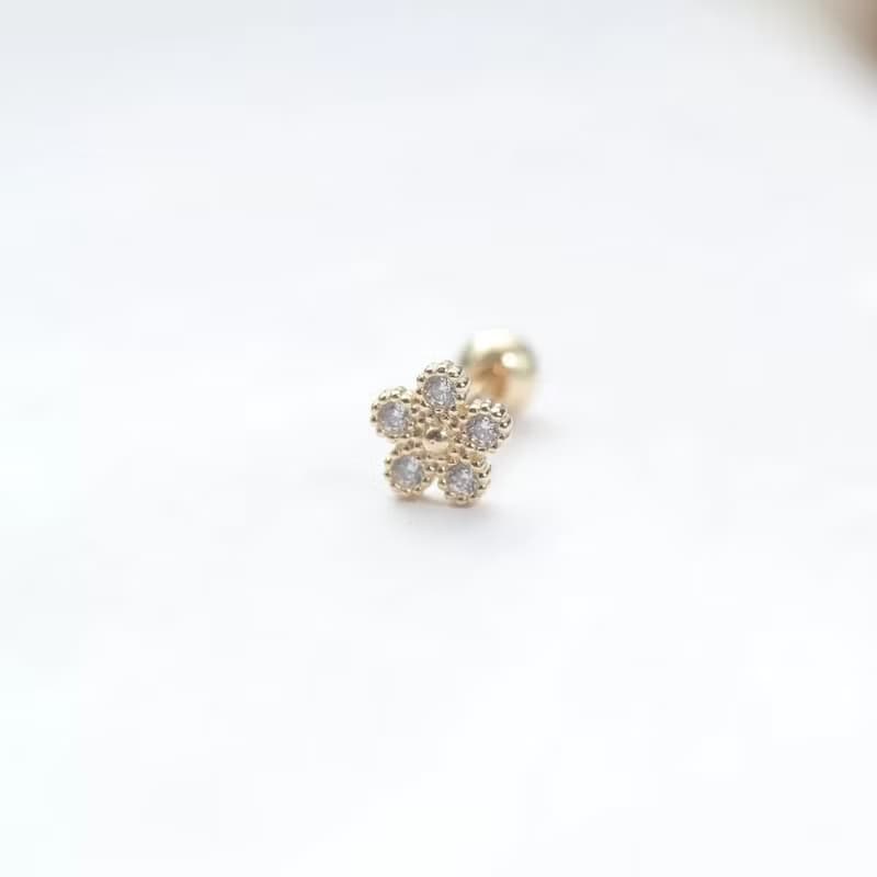 14K 復古小花鎖珠耳環 (單個)耳骨 耳窩 不退色