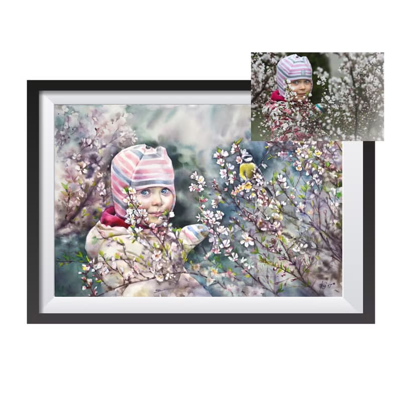 Custom original watercolor portrait painting by artist Irina Zhunaeva