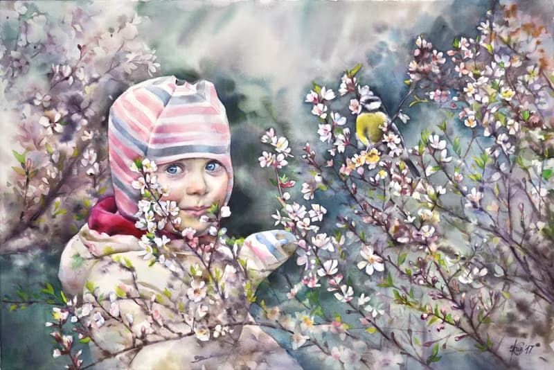 Custom original watercolor portrait painting by artist Irina Zhunaeva
