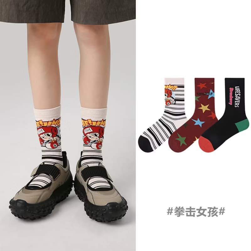 中長筒襪女士創意抽象卡通拼色運動棉襪子