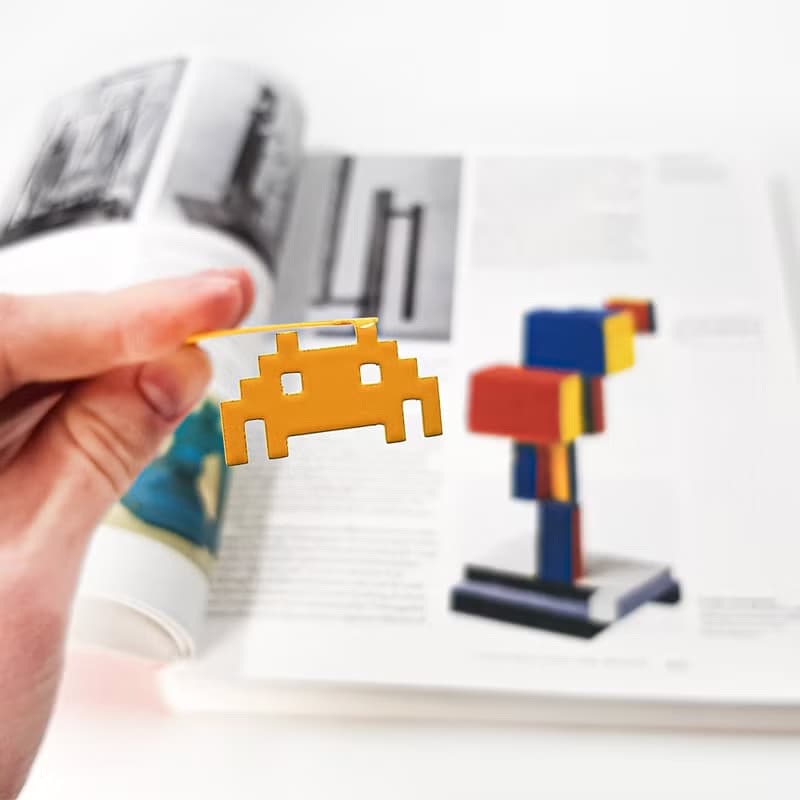 Yellow metal bookmark Retro Monster, small bookish gift for retro computer gamer