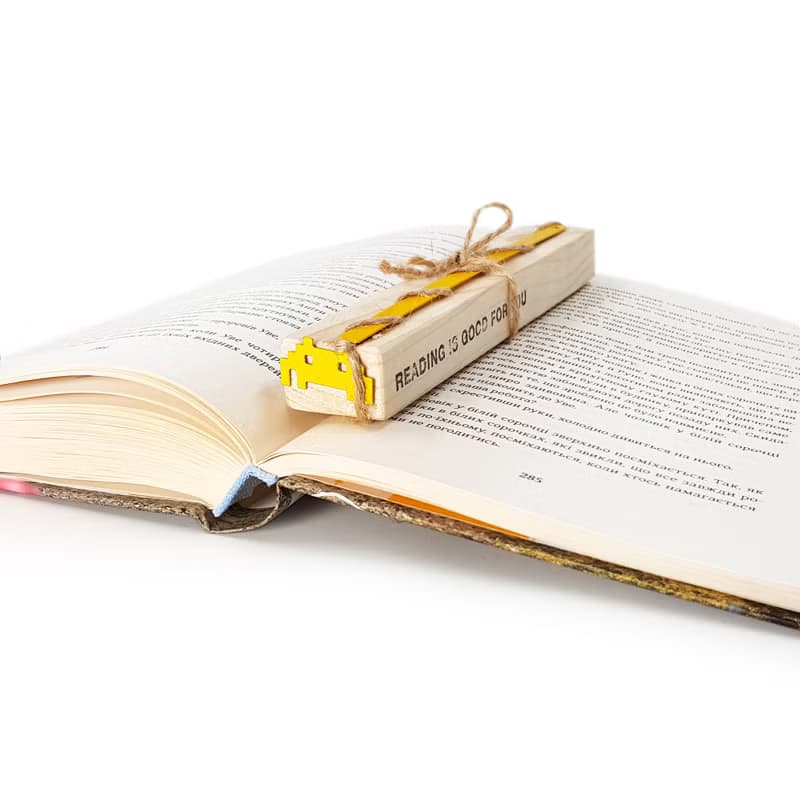 Yellow metal bookmark Retro Monster, small bookish gift for retro computer gamer