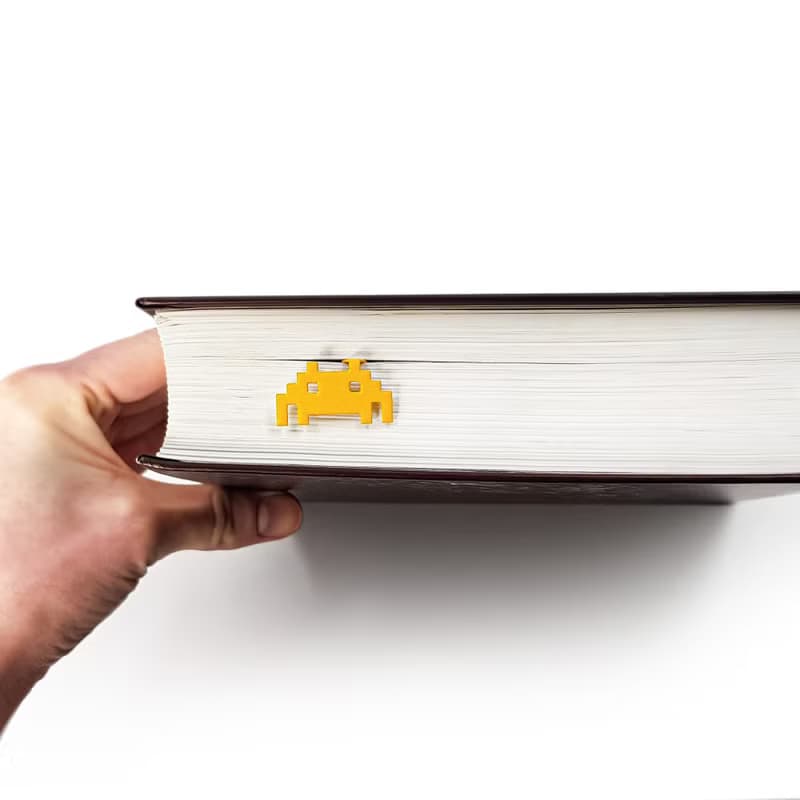 Yellow metal bookmark Retro Monster, small bookish gift for retro computer gamer