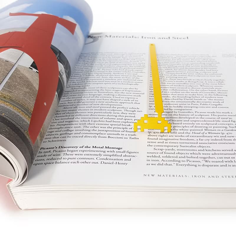 Yellow metal bookmark Retro Monster, small bookish gift for retro computer gamer