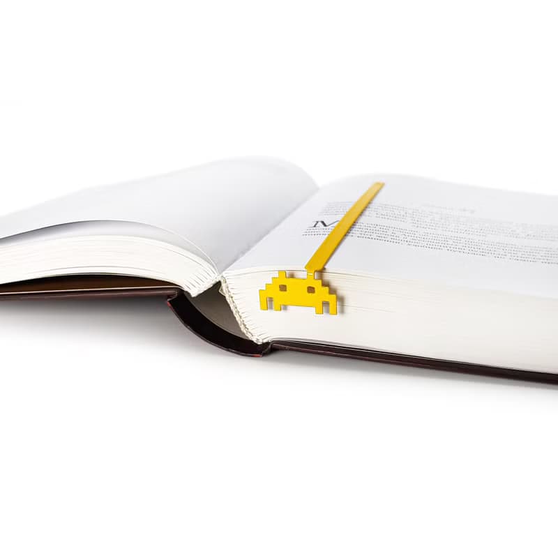 Yellow metal bookmark Retro Monster, small bookish gift for retro computer gamer