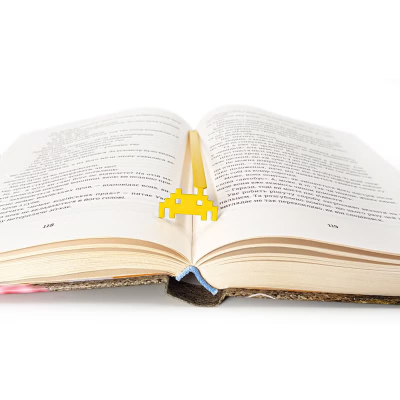 Yellow metal bookmark Retro Monster, small bookish gift for retro computer gamer