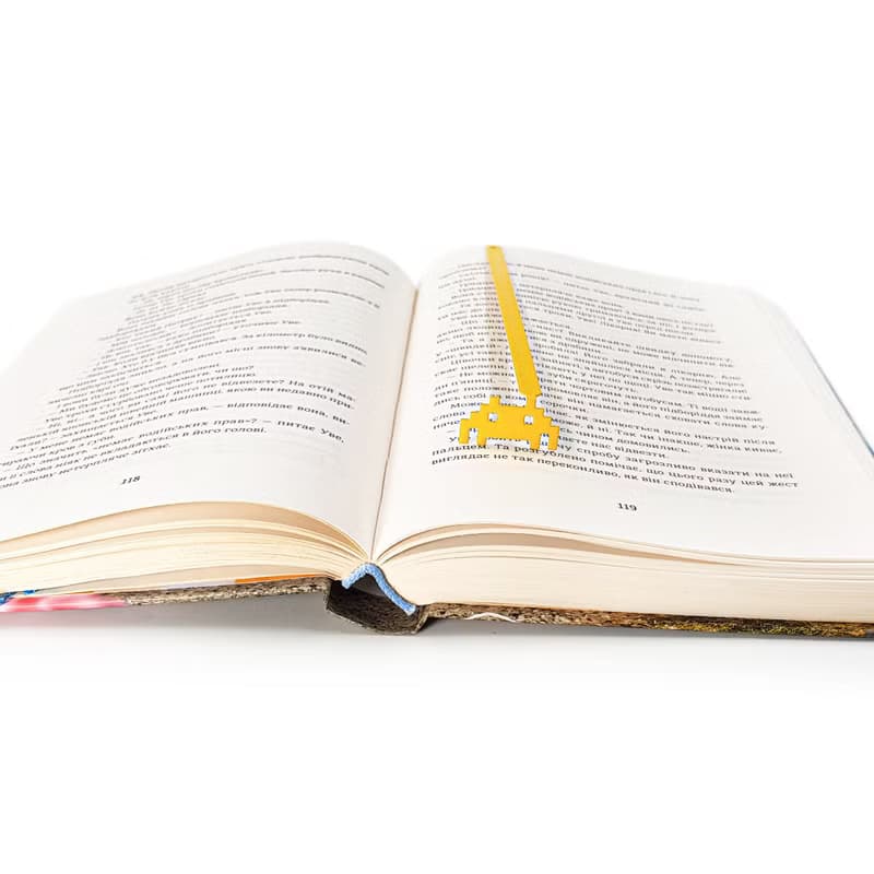 Yellow metal bookmark Retro Monster, small bookish gift for retro computer gamer