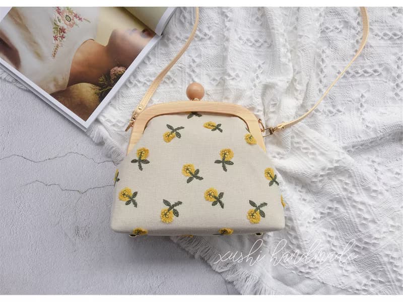 手工製作 黃色系刺繡小花 雛菊女生口金斜挎單肩包女生禮物