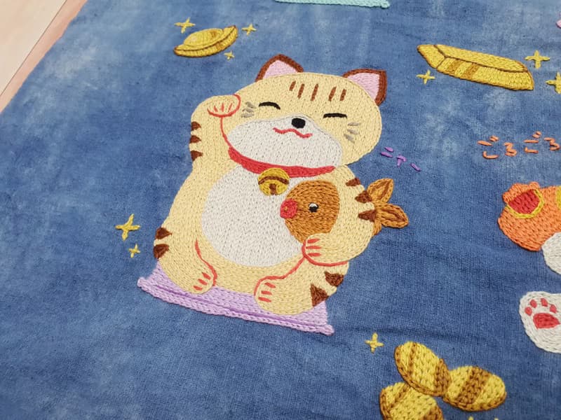 手工刺繡襯衫、棉織物、天然染料、貓、招財貓