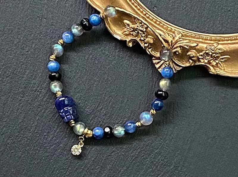 灰月光石x貓眼藍晶石x黑瑪瑙x藍紋石貔貅黃銅手鍊