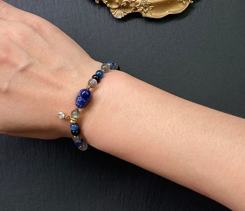 灰月光石x貓眼藍晶石x黑瑪瑙x藍紋石貔貅黃銅手鍊