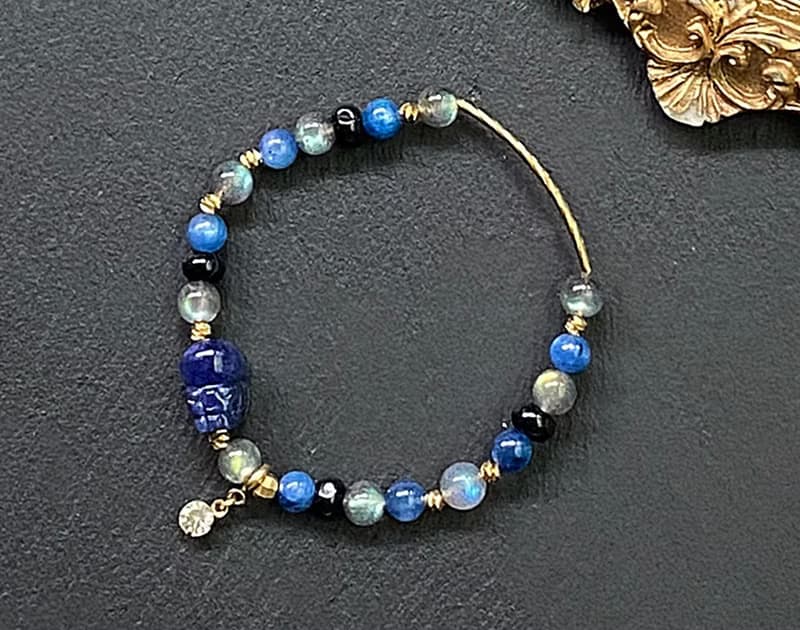 灰月光石x貓眼藍晶石x黑瑪瑙x藍紋石貔貅黃銅手鍊