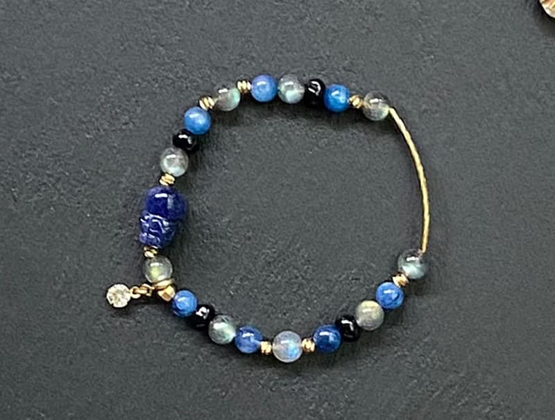 灰月光石x貓眼藍晶石x黑瑪瑙x藍紋石貔貅黃銅手鍊