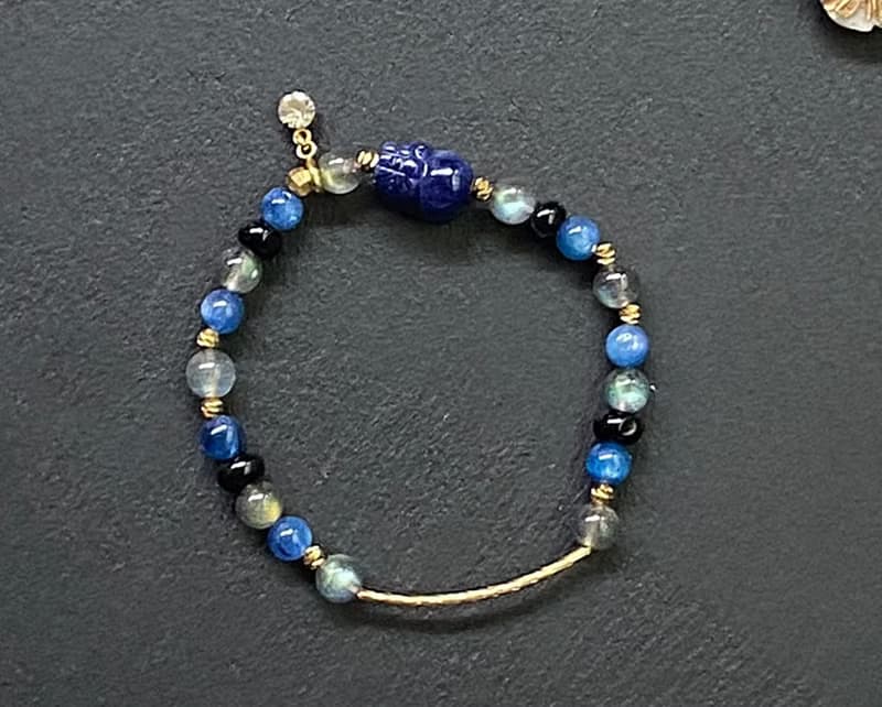 灰月光石x貓眼藍晶石x黑瑪瑙x藍紋石貔貅黃銅手鍊