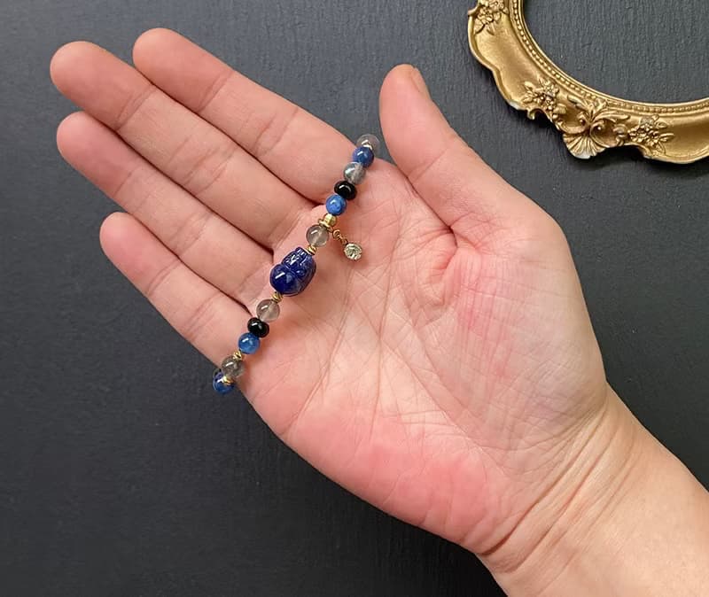 灰月光石x貓眼藍晶石x黑瑪瑙x藍紋石貔貅黃銅手鍊