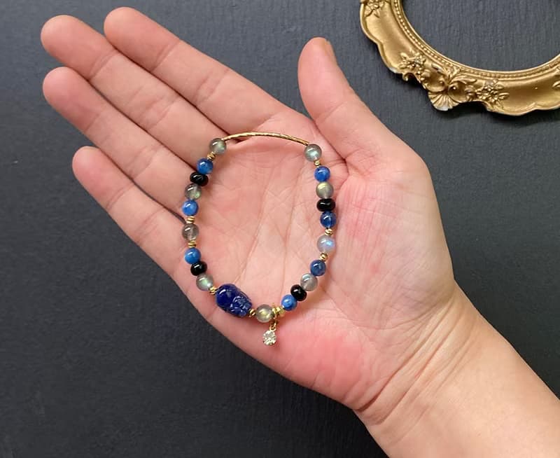 灰月光石x貓眼藍晶石x黑瑪瑙x藍紋石貔貅黃銅手鍊
