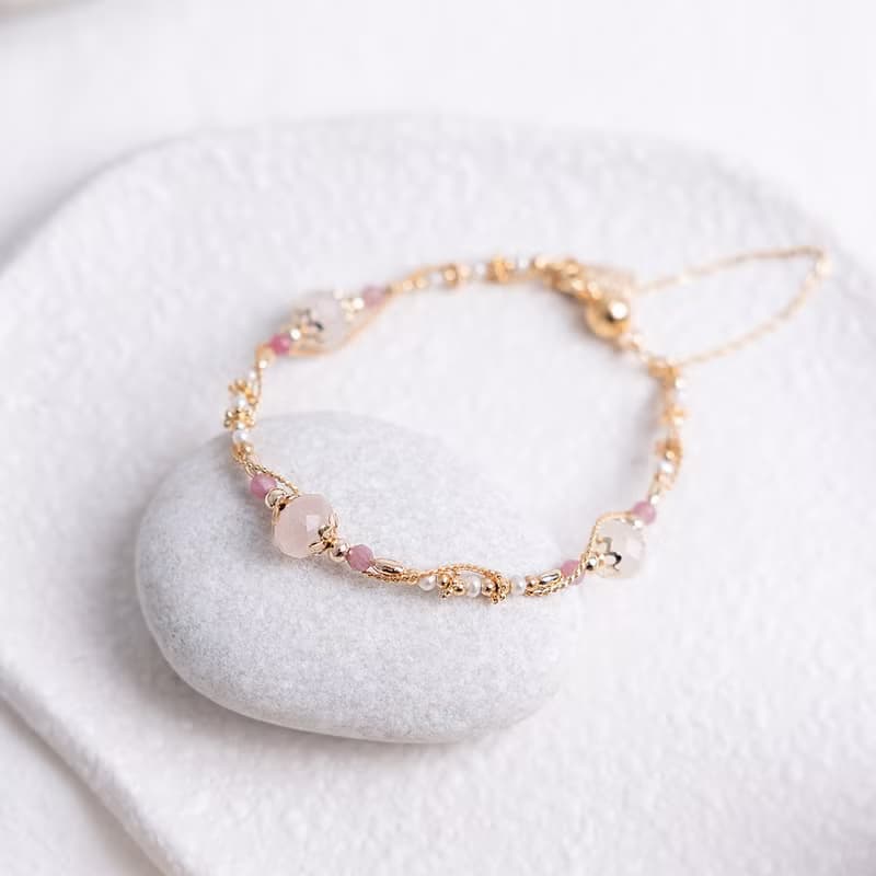 桃花 x 粉碧璽 粉晶 淡水珍珠 【聖誕玫瑰 • 追憶愛情】磁扣手鍊