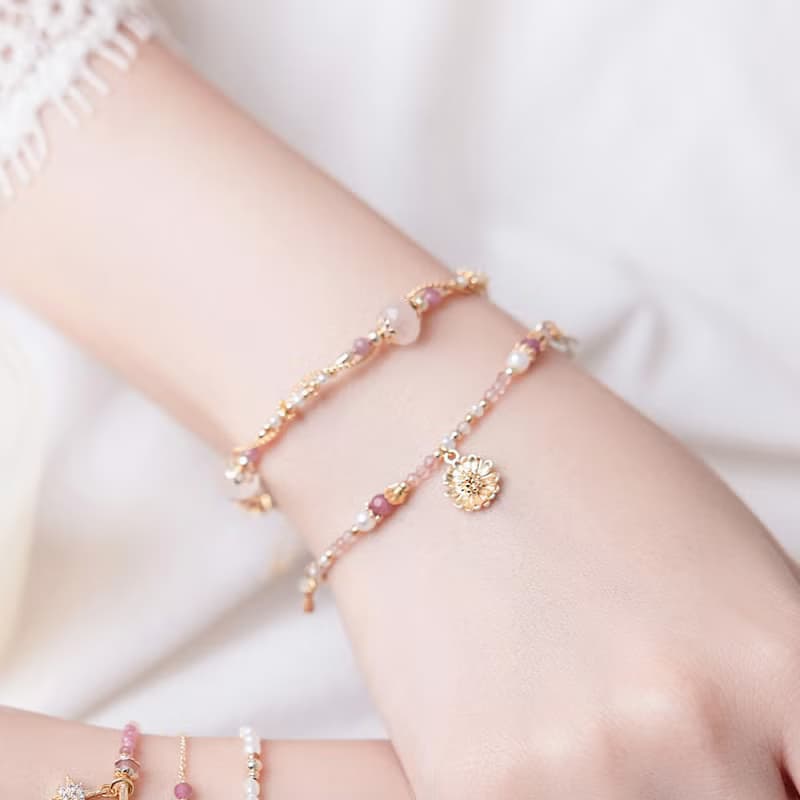 桃花 x 粉碧璽 粉晶 淡水珍珠 【聖誕玫瑰 • 追憶愛情】磁扣手鍊