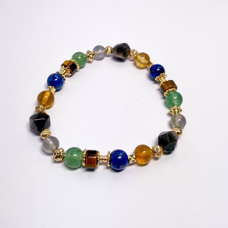 風與大地 銀曜石 綠草莓晶 黃水晶 青金石 黃虎眼 天然水晶手鏈