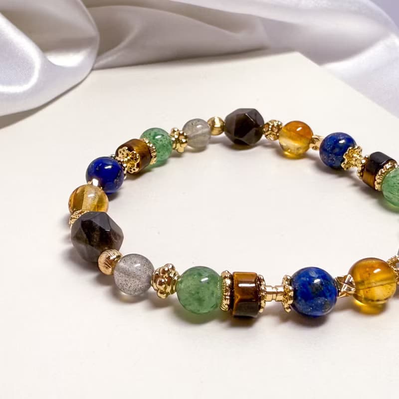 風與大地 銀曜石 綠草莓晶 黃水晶 青金石 黃虎眼 天然水晶手鏈