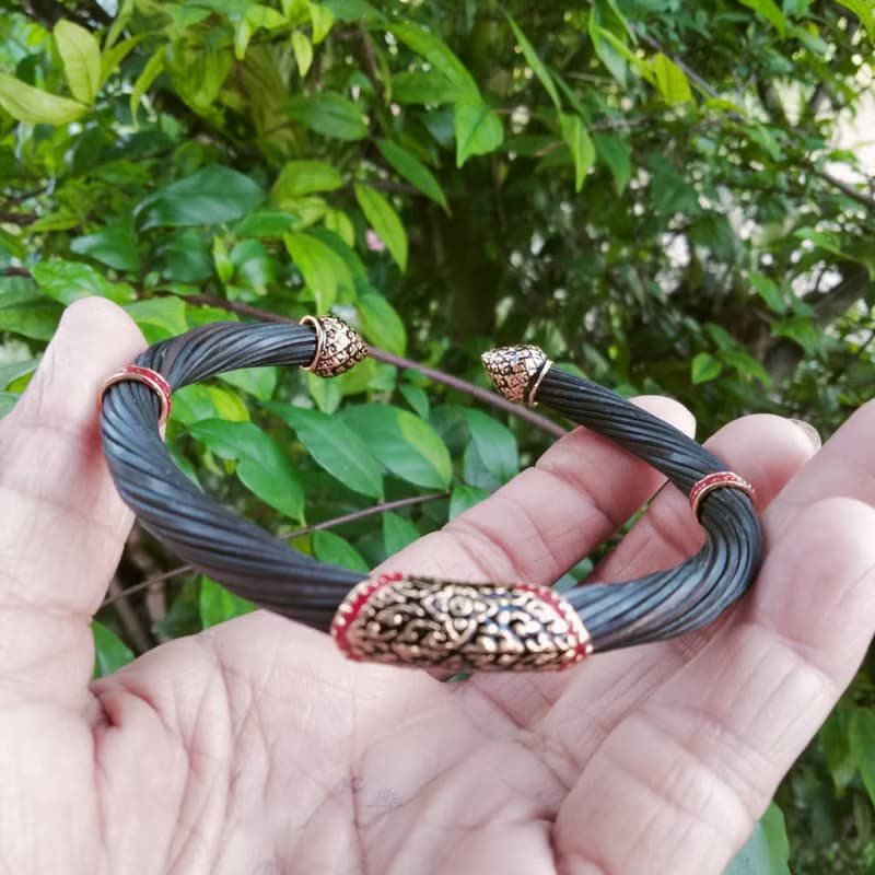 Black Body Real Elephant Tail Hair Bangle Silver Enamelled Sukhothai Free Size