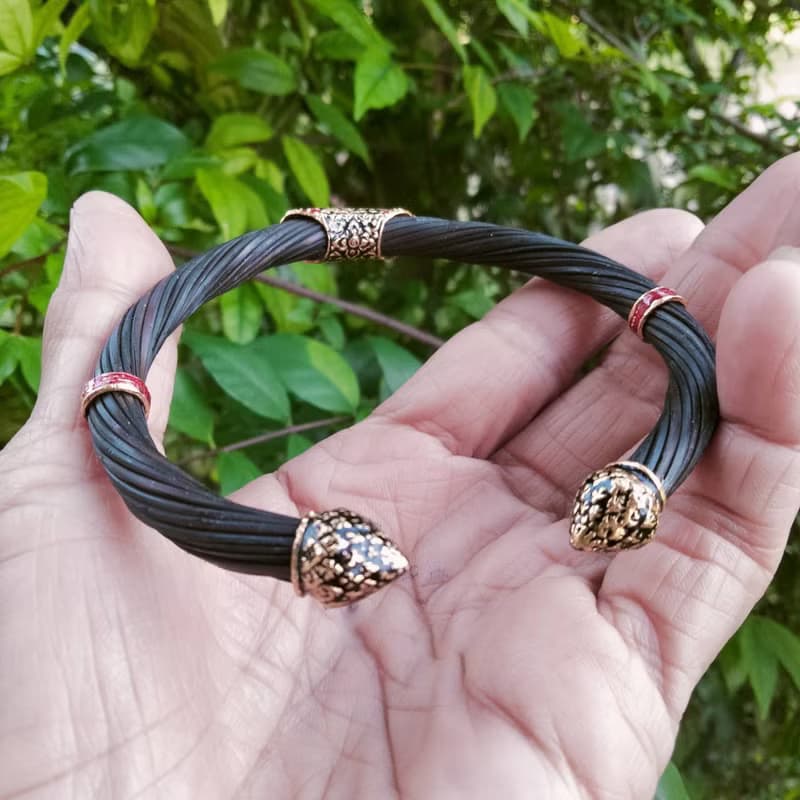 Black Body Real Elephant Tail Hair Bangle Silver Enamelled Sukhothai Free Size