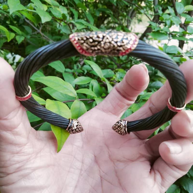 Black Body Real Elephant Tail Hair Bangle Silver Enamelled Sukhothai Free Size