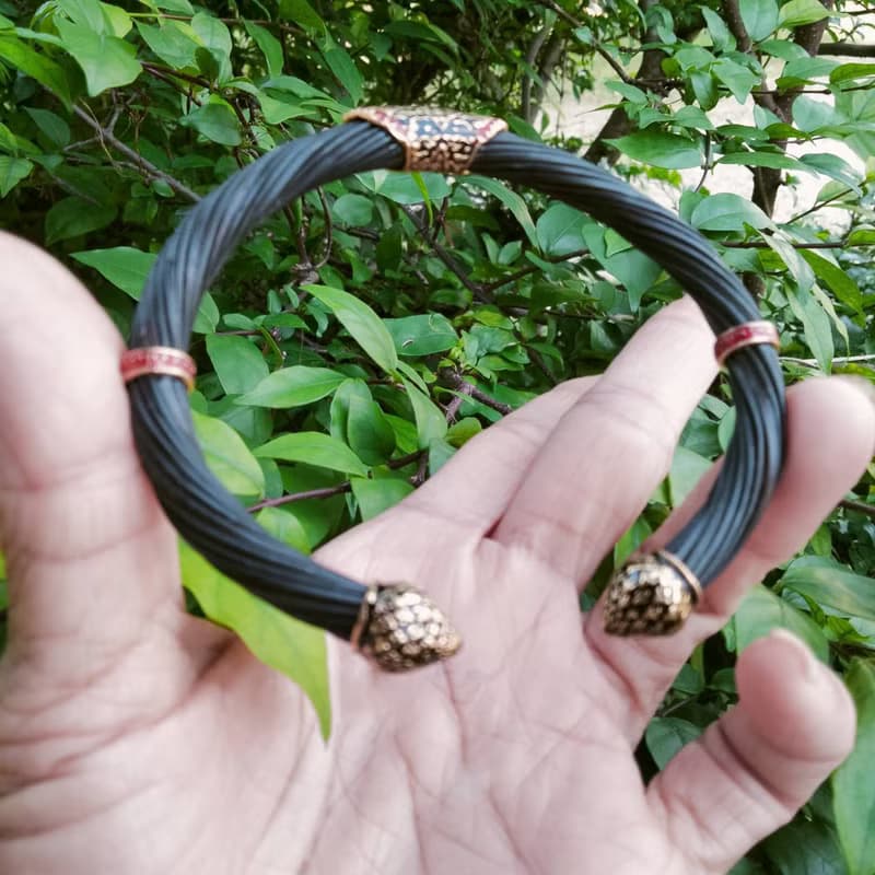 Black Body Real Elephant Tail Hair Bangle Silver Enamelled Sukhothai Free Size