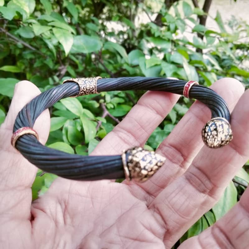 Black Body Real Elephant Tail Hair Bangle Silver Enamelled Sukhothai Free Size