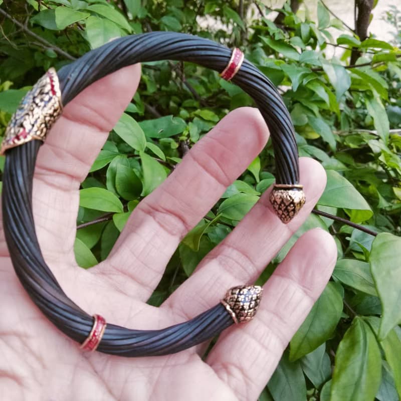 Black Body Real Elephant Tail Hair Bangle Silver Enamelled Sukhothai Free Size