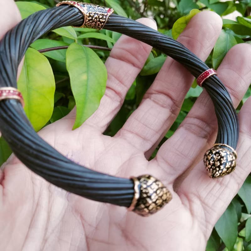 Black Body Real Elephant Tail Hair Bangle Silver Enamelled Sukhothai Free Size