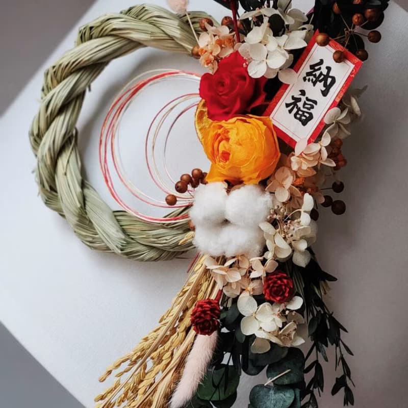 開運納福永生花注連繩 永生玫瑰 稻穗 日式注連繩 新年掛飾