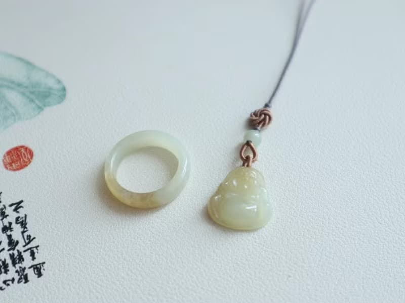 天然和田玉佛公手機掛 糖白和田玉指環戒指套裝指環內徑17mm